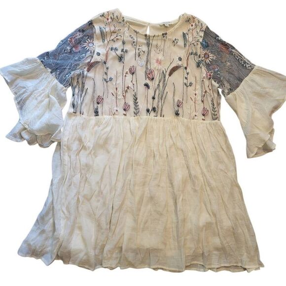 Umgee Dress Women's 1X Natural Mini Tunic Floral Embroidered Bell Sleeve Boho - Picture 3 of 8